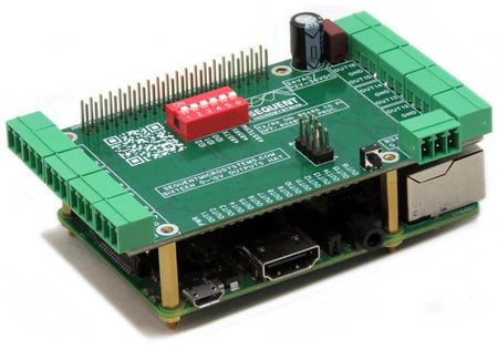 Sixteen 0-10V analog outputs 8-layer stackable HAT for Raspberry Pi with green terminal blocks and red DIP switch