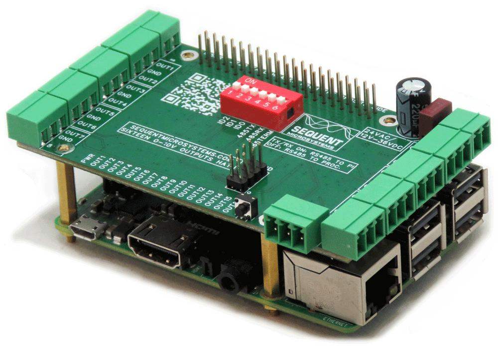 Sixteen 0-10V analog outputs 8-layer stackable HAT mounted on a Raspberry Pi with green terminal connectors and DIP switches.