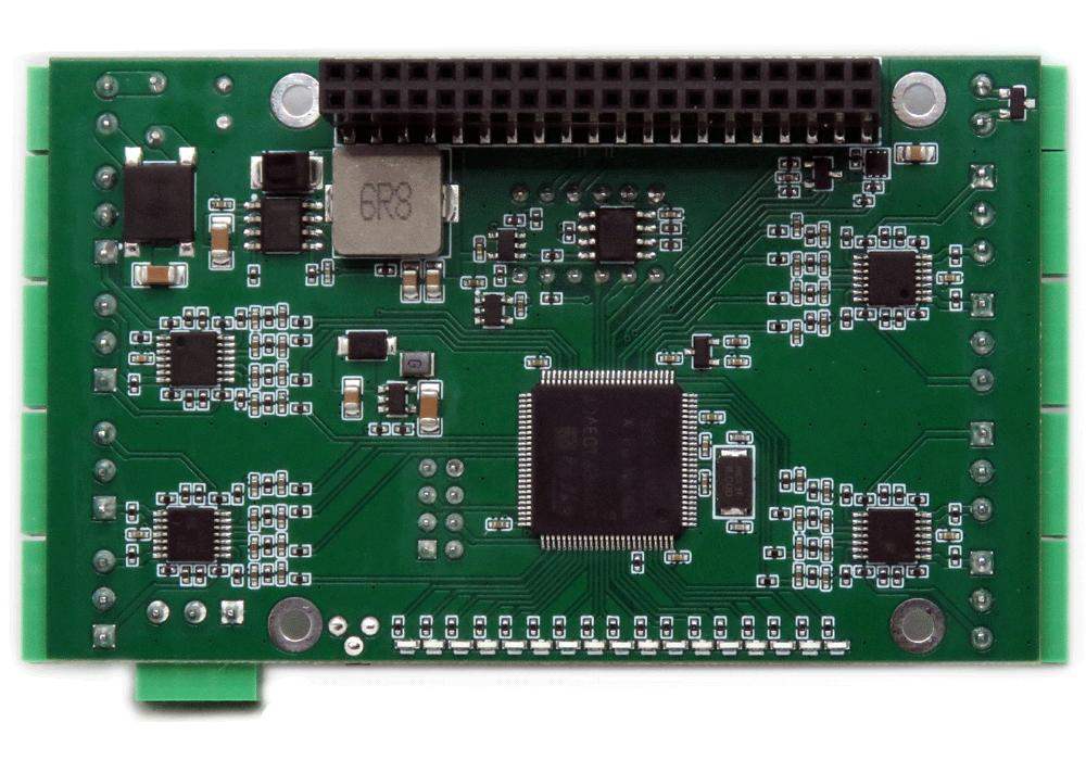 Sixteen 0-10V Analog Outputs 8-layer stackable HAT circuit board for Raspberry Pi with multiple integrated chips and connectors.