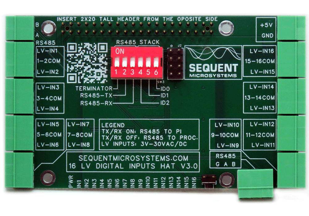 Sixteen LV Digital Inputs stackable HAT with RS485 and DIP switches for Raspberry Pi V3.0