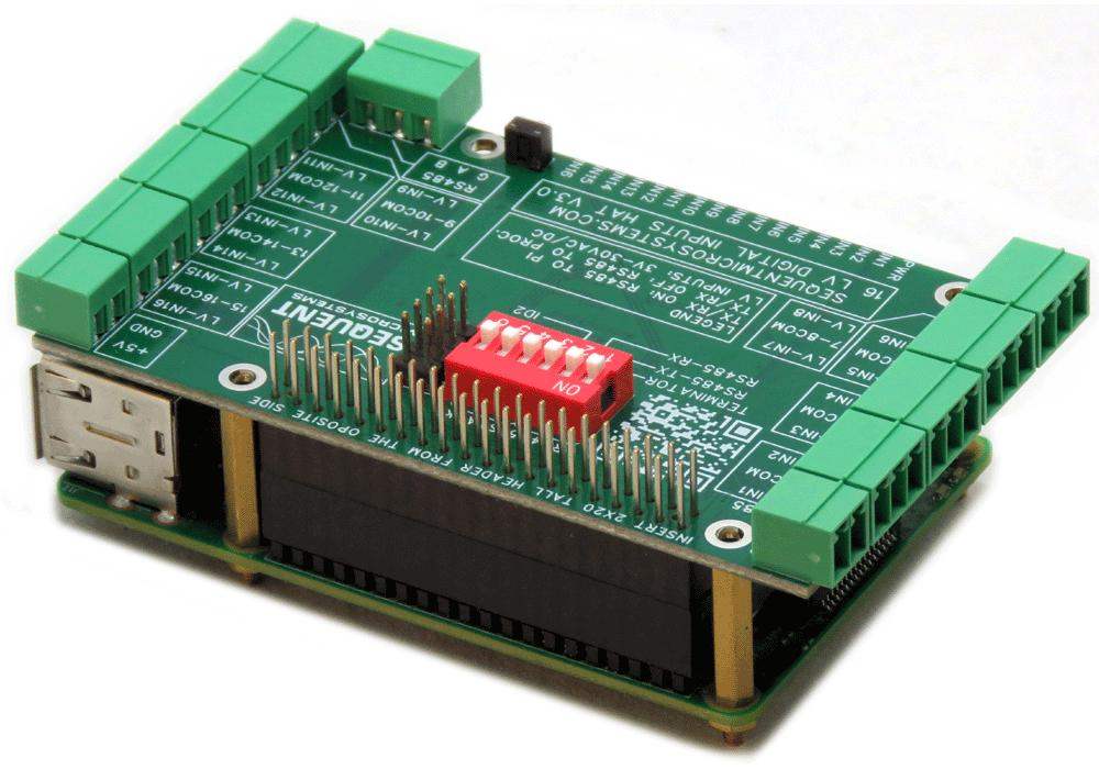 Sixteen LV Digital Inputs 8-layer stackable Raspberry Pi HAT with opto-isolated inputs, DIP switch, and RS485 port
