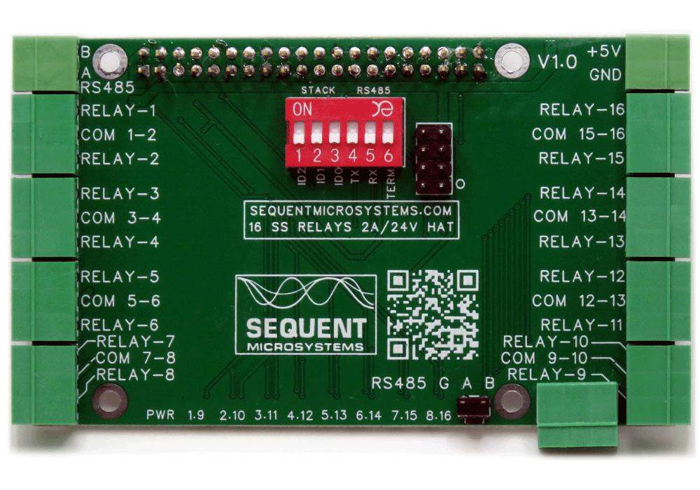 Sixteen solid state relays 2A/24V stackable HAT board for Raspberry Pi with DIP switches and green terminal connectors