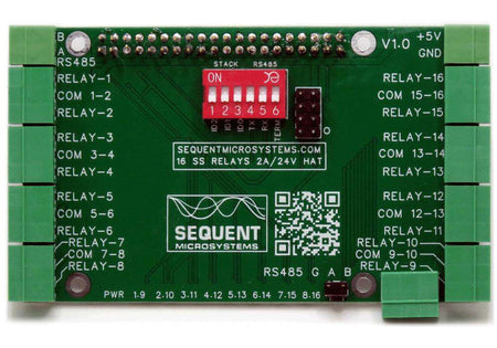 Sixteen solid state relays 2A/24V stackable HAT board for Raspberry Pi with DIP switches and green terminal connectors