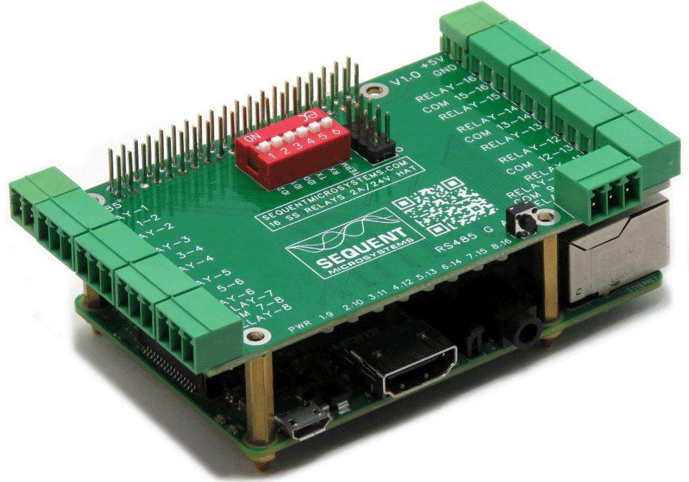 Sixteen Solid State Relays 2A 24V 8-layer stackable HAT for Raspberry Pi with green terminal blocks and DIP switch on a green circuit board