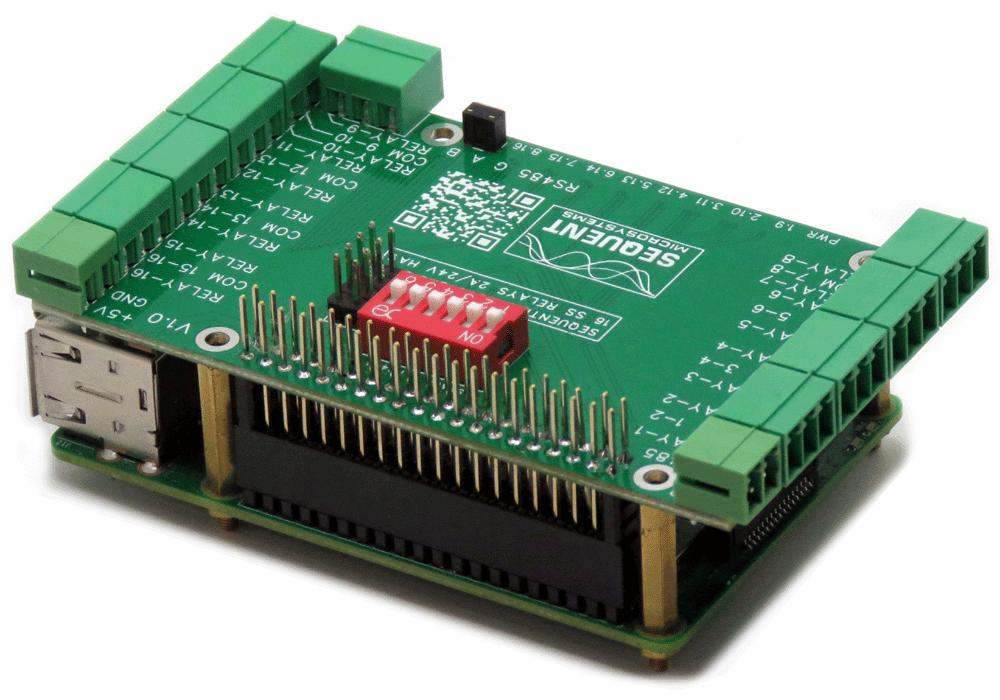 Sixteen solid state relays 2A 24V 8-layer stackable HAT for Raspberry Pi with green terminal connectors and DIP switches.