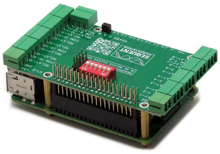 Sixteen solid state relays 2A 24V 8-layer stackable HAT for Raspberry Pi with green terminal connectors and DIP switches.