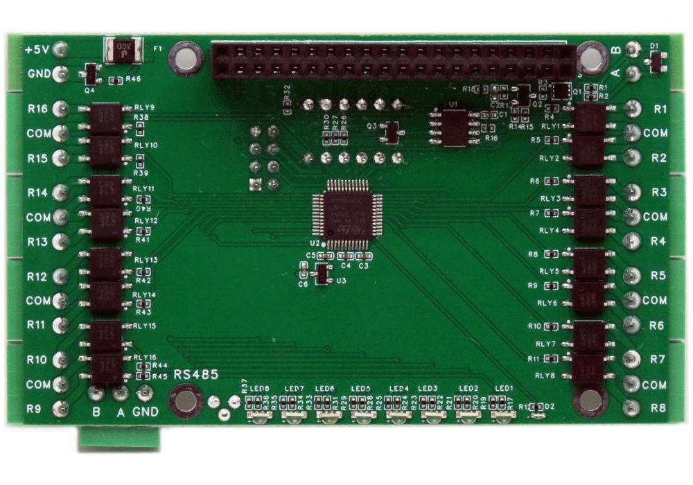 Sixteen solid state relays 2A 24V 8-layer stackable HAT circuit board for Raspberry Pi with RS485 port and status LEDs