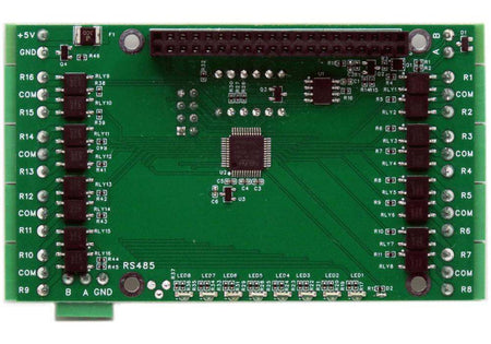 Sixteen solid state relays 2A 24V 8-layer stackable HAT circuit board for Raspberry Pi with RS485 port and status LEDs