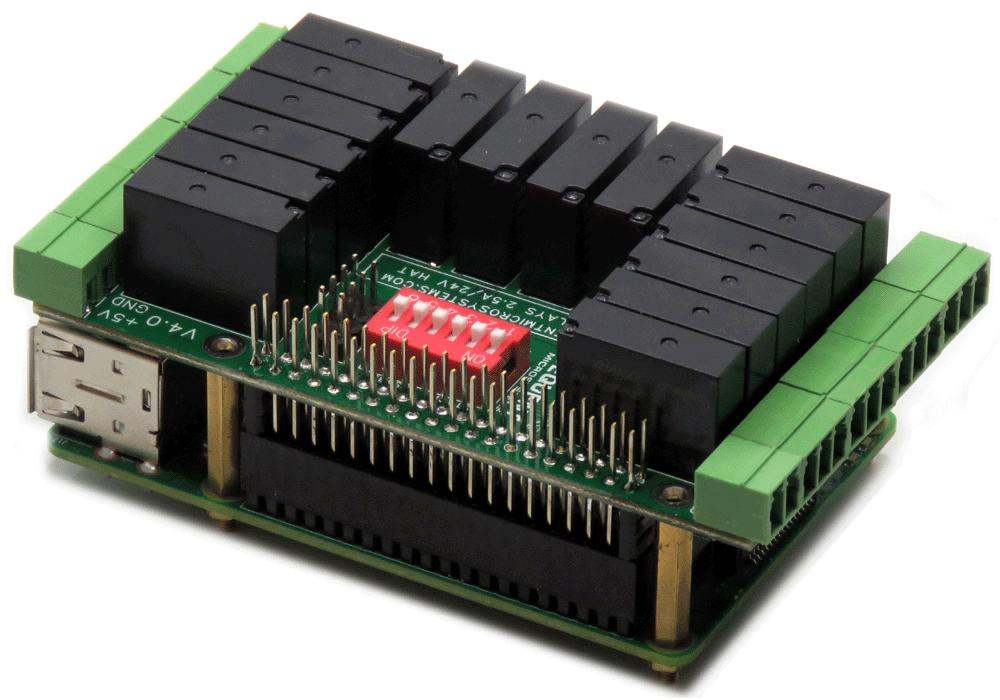 Sixteen Relays 2A/24V 8-layer stackable HAT module for Raspberry Pi with status LEDs and pluggable connectors.
