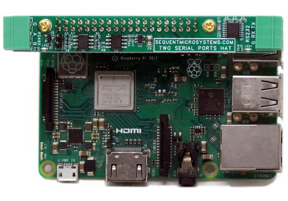 Two Serial Ports RS485 and RS232 stackable HAT mounted on Raspberry Pi with labeled connectors and status LEDs