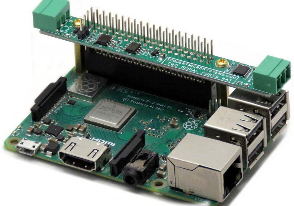 Two Serial Ports RS485 and RS232 stackable HAT mounted on a Raspberry Pi board showing connectors and GPIO pins.