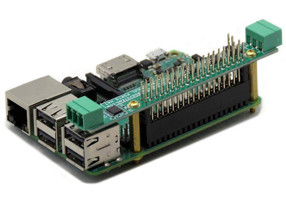 Two Serial Ports RS485 and RS232 stackable HAT mounted on Raspberry Pi with GPIO connectors and status LEDs.