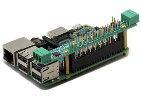 Two Serial Ports RS485 and RS232 stackable HAT mounted on Raspberry Pi with GPIO connectors and status LEDs.