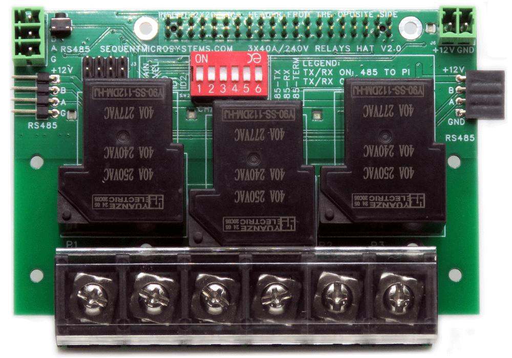 Three 40A-240V relays RS485 daisy-chainable HAT circuit board for Raspberry Pi with pluggable connectors and DIP switches.