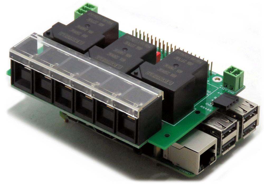 Three 40A-240V heavy duty relay board HAT with RS485 daisy-chain for Raspberry Pi.