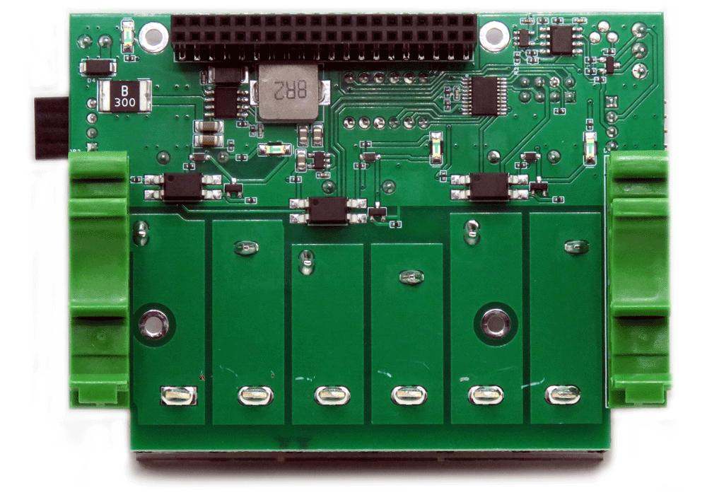 Three 40A-240V relays RS485 daisy-chainable HAT module for Raspberry Pi with pluggable connectors and LED indicators