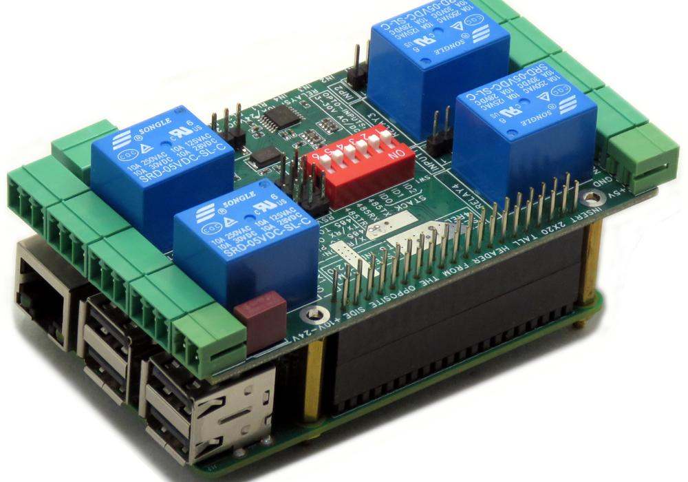 Stackable Smart Relays HAT with four relays and universal inputs for Raspberry Pi, featuring HALL effect sensors and I2C communication.
