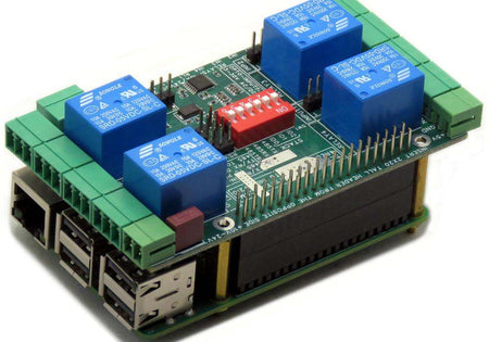 Stackable Smart Relays HAT with four relays and universal inputs for Raspberry Pi, featuring HALL effect sensors and I2C communication.