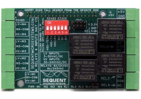 Four Relays four high voltage inputs 8-layer stackable HAT for Raspberry Pi with opto-isolated inputs and 8A relay outputs.