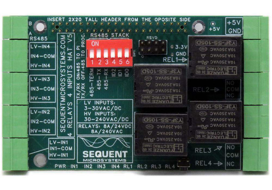Four Relays four high voltage inputs 8-layer stackable HAT for Raspberry Pi with opto-isolated inputs and 8A relay outputs.