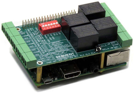 Four Relays four HV inputs 8-layer stackable HAT for Raspberry Pi with opto-isolated inputs and 8A relay outputs