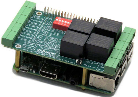 Four Relays four HV Inputs 8-layer stackable HAT mounted on Raspberry Pi with green connectors and black relays for industrial automation
