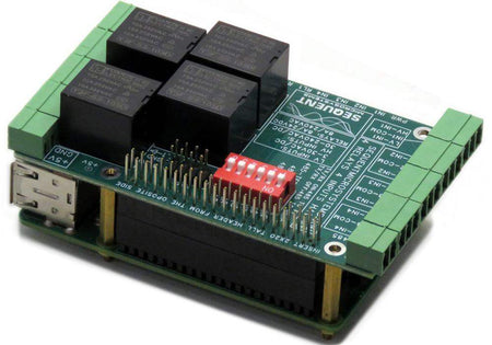 Four Relays four high voltage inputs 8-layer stackable HAT for Raspberry Pi with opto-isolated inputs and pluggable connectors.