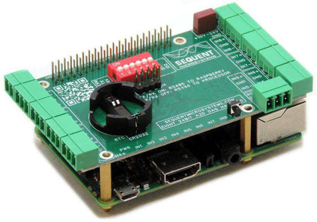 Eight 24-Bit Analog Inputs DAQ 8-layer stackable HAT for Raspberry Pi with green connectors and red DIP switch