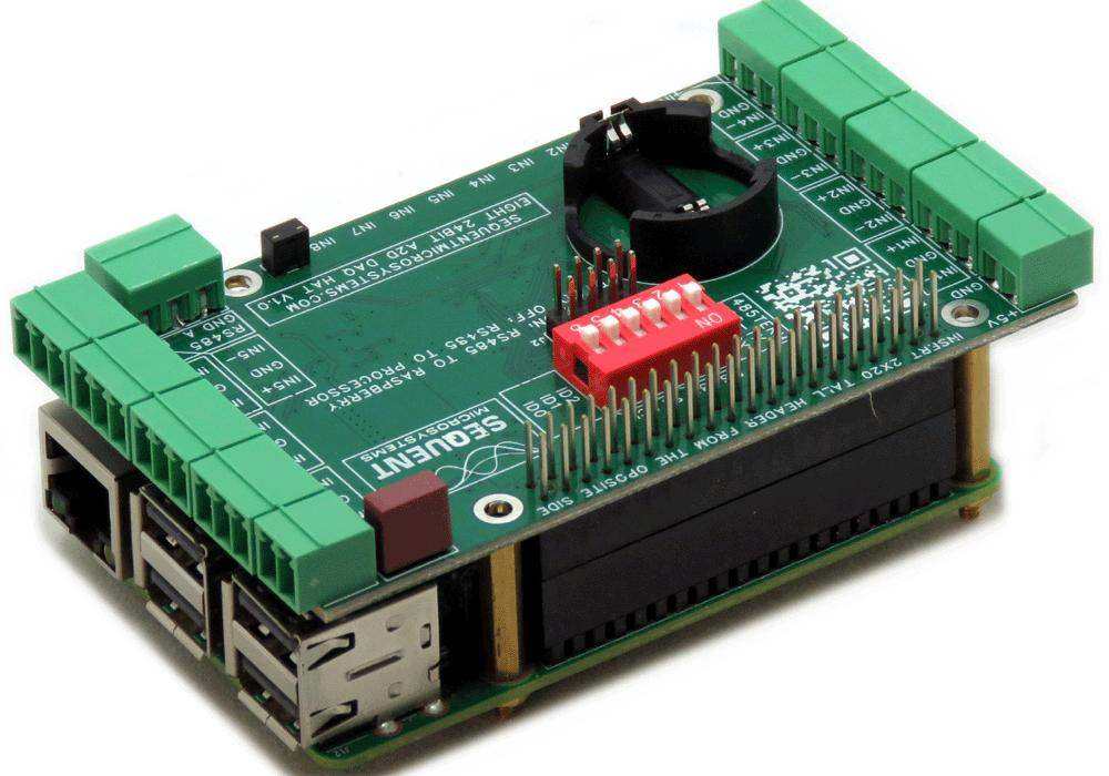 Eight 24-bit analog inputs data acquisition 8-layer stackable HAT for Raspberry Pi with green terminal blocks and DIP switches.