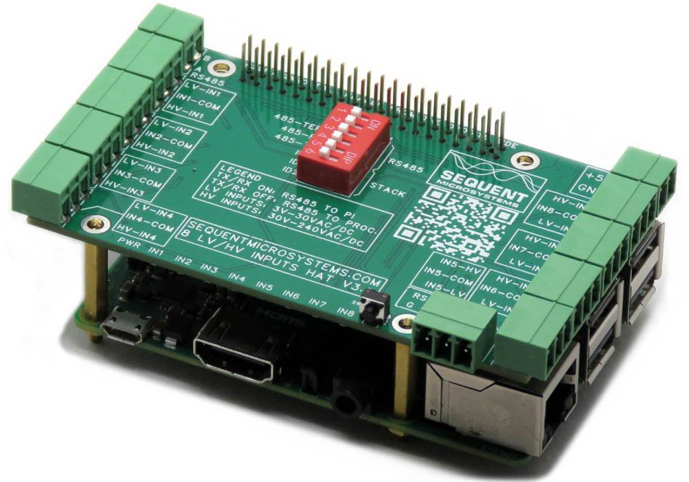 Eight HV Digital Inputs 8-layer stackable HAT with opto-isolated connectors and DIP switch for Raspberry Pi integration