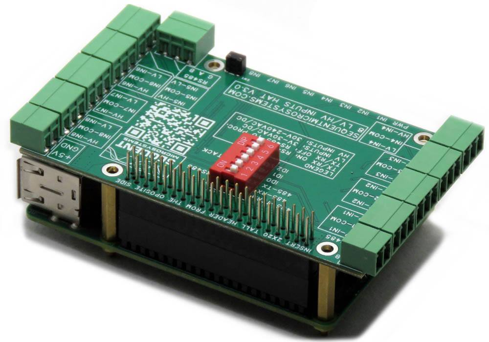 Stackable Eight HV Digital Inputs HAT for Raspberry Pi with eight opto-isolated inputs and DIP switch configuration