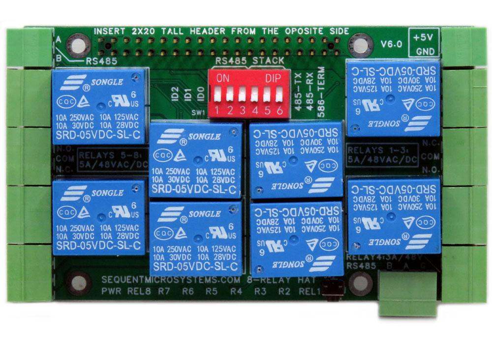 Eight Relays 4A 120V 8-layer stackable relay HAT board for Raspberry Pi with RS485 port and DIP switch