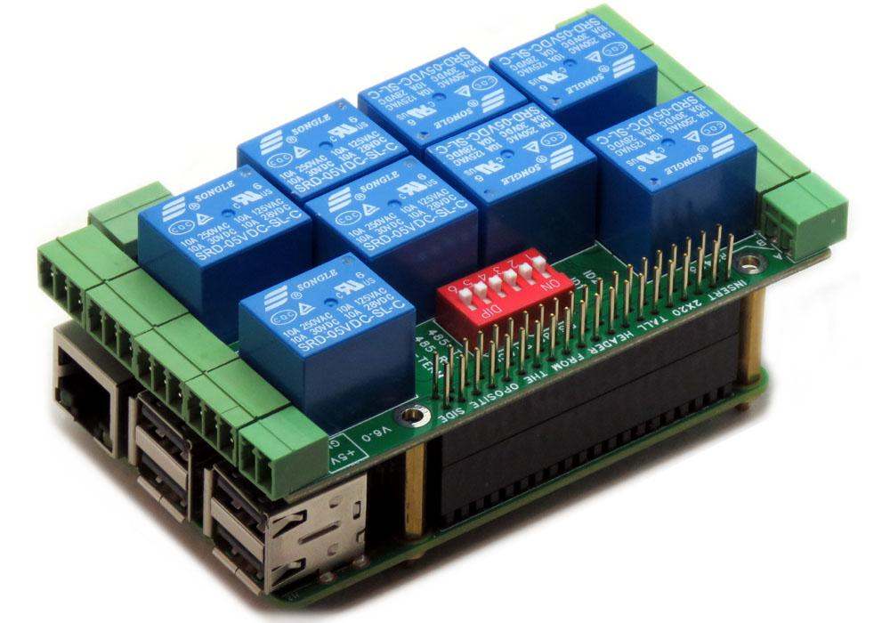 Eight Relays 4A/120V 8-layer stackable relay HAT mounted on Raspberry Pi with blue relay modules and green pluggable connectors