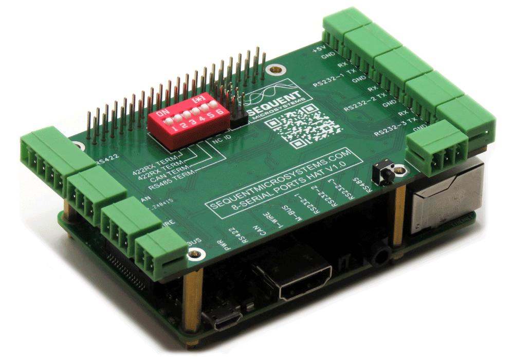 Eight Serial Ports HAT 2-layer stackable expansion board with multiple green connectors and DIP switches for Raspberry Pi communication ports.