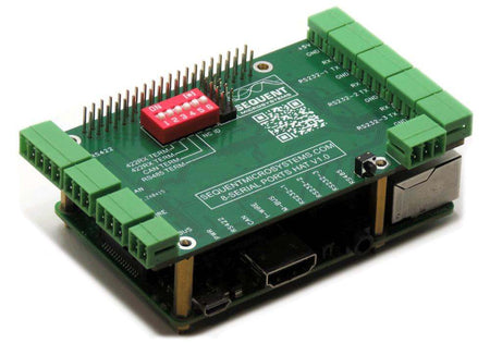Eight Serial Ports HAT 2-layer stackable expansion board with multiple green connectors and DIP switches for Raspberry Pi communication ports.