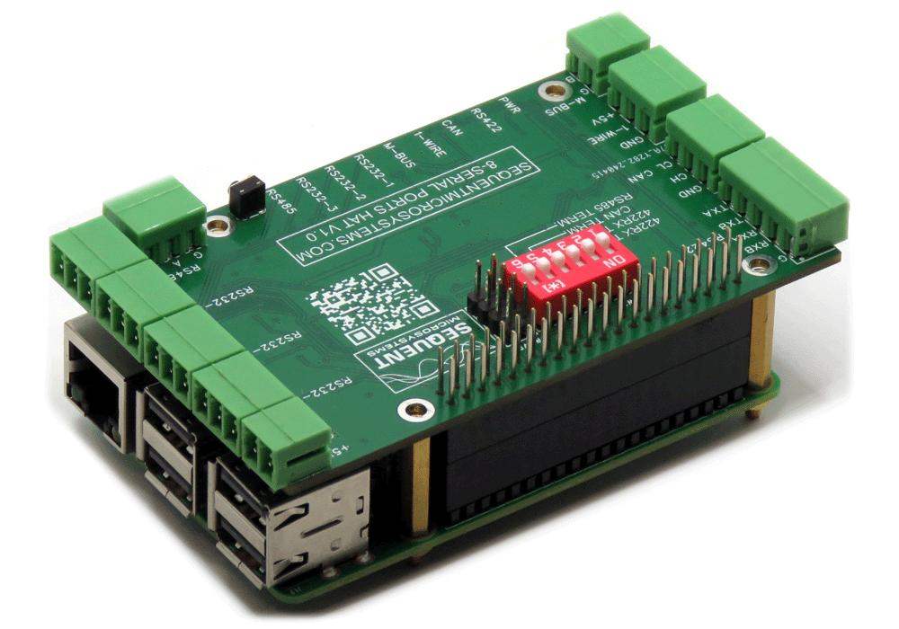 Eight Serial Ports HAT 2-layer stackable expansion board for Raspberry Pi with multiple serial connectors and DIP switch control