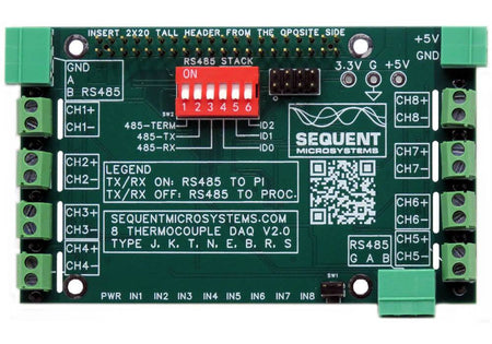 Eight Thermocouples DAQ 8-layer stackable HAT for Raspberry Pi with RS485, supports multiple thermocouple types, DIP switches, and 24-bit A/D converters.