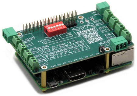 Eight Thermocouples DAQ 8-layer stackable HAT with RS485 ports and DIP switch for Raspberry Pi temperature sensor data acquisition.