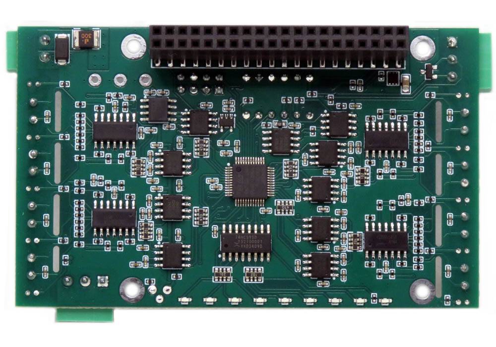 Eight Thermocouples DAQ 8-layer stackable HAT circuit board for Raspberry Pi with multiple integrated chips and connectors.