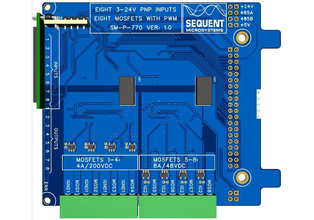 Eight MOSFETS with PWM card for Raspberry Pi Back Panel featuring current sensing, digital inputs, and galvanic isolation.
