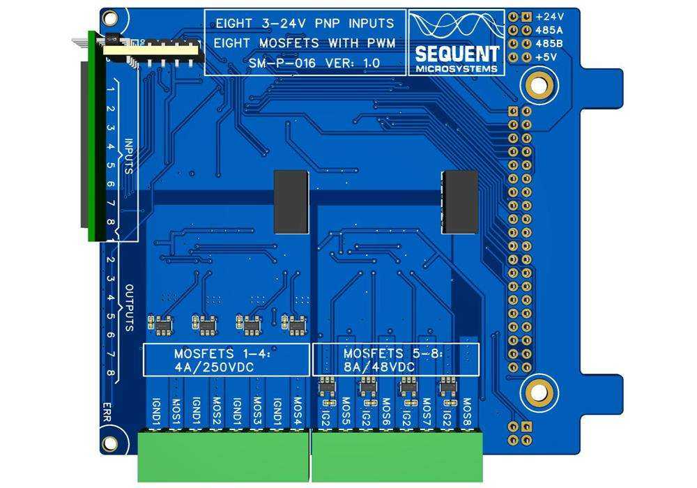 Eight MOSFETS with PWM card for Raspberry Pi Back Panel with 4 high voltage 4A/250VDC and 4 high current 8A/48VDC outputs, isolated inputs, and connectors.