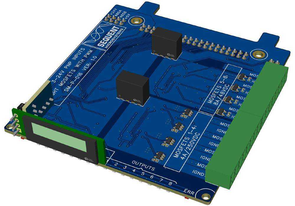 Eight MOSFETS with PWM card for Raspberry Pi Back Panel with 8A/48V and 4A/240V PWM MOSFET outputs, current sensing, isolated inputs, and OLED display.