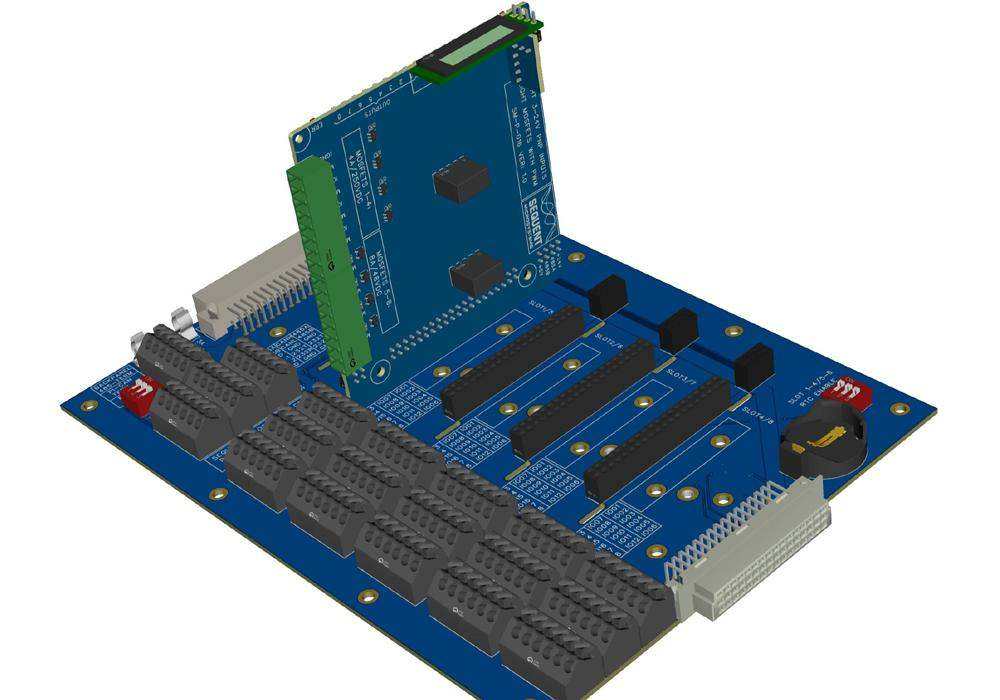 Eight MOSFETS with PWM card mounted on a blue Raspberry Pi back panel with multiple black terminal blocks and connectors for industrial automation.