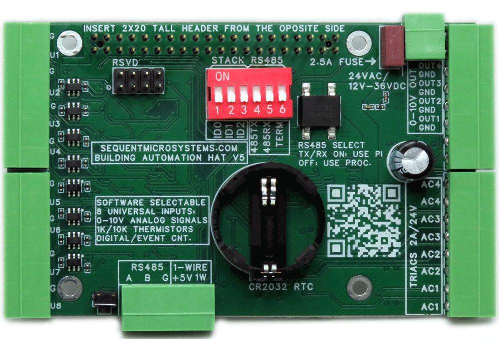 Building Automation 8-layer stackable HAT for Raspberry Pi with software selectable universal inputs, RS485 port, and real-time clock.