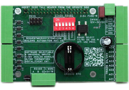 Building Automation 8-layer stackable HAT for Raspberry Pi with software selectable universal inputs, RS485 port, and real-time clock.