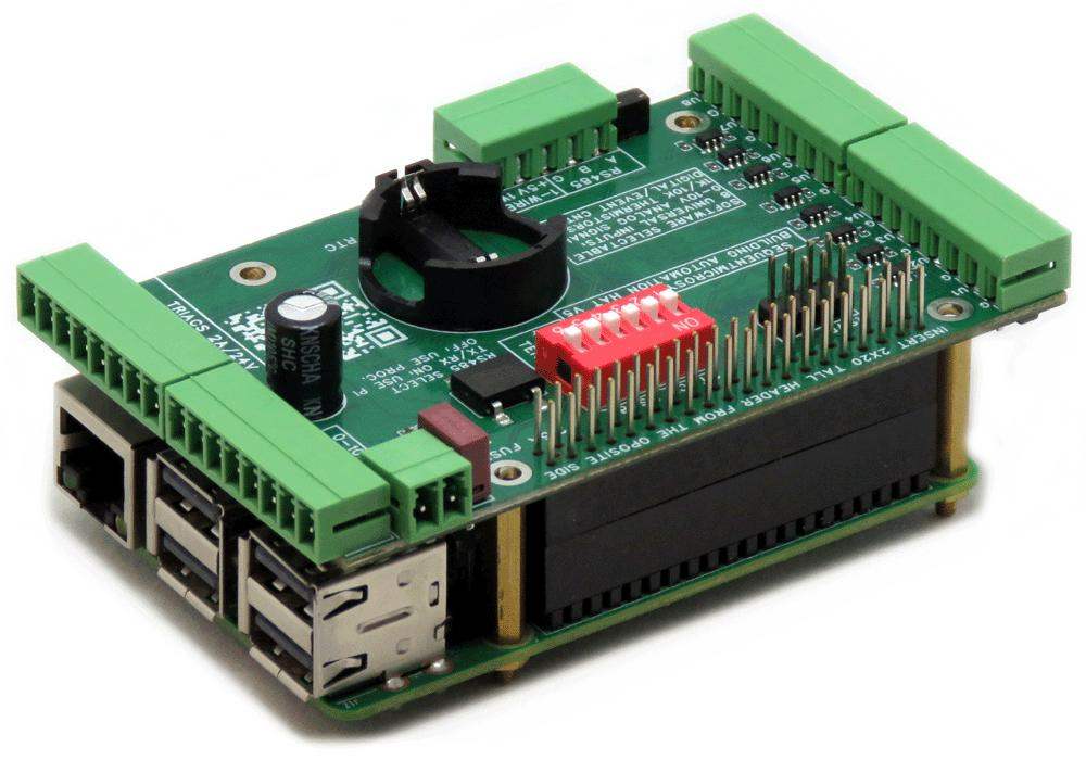 Building Automation 8-layer stackable HAT with green connectors and DIP switches for Raspberry Pi with universal inputs and outputs, real-time clock, and RS485 MODBUS port.
