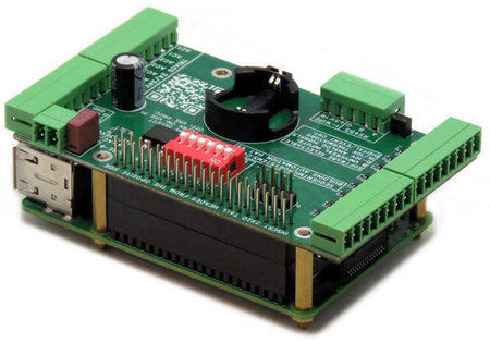 Building Automation 8-Layer Stackable HAT for Raspberry Pi with multiple green pluggable connectors and red DIP switch on PCB.
