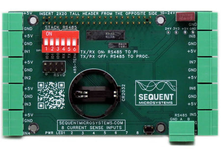 HALL Current Sensor DAQ 8-layer stackable HAT for Raspberry Pi with eight inputs, RS485 port, pluggable connectors, and RTC backup battery.