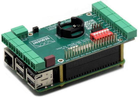 HALL Current Sensor DAQ 8-layer stackable HAT for Raspberry Pi with multiple green pluggable connectors and red DIP switches.