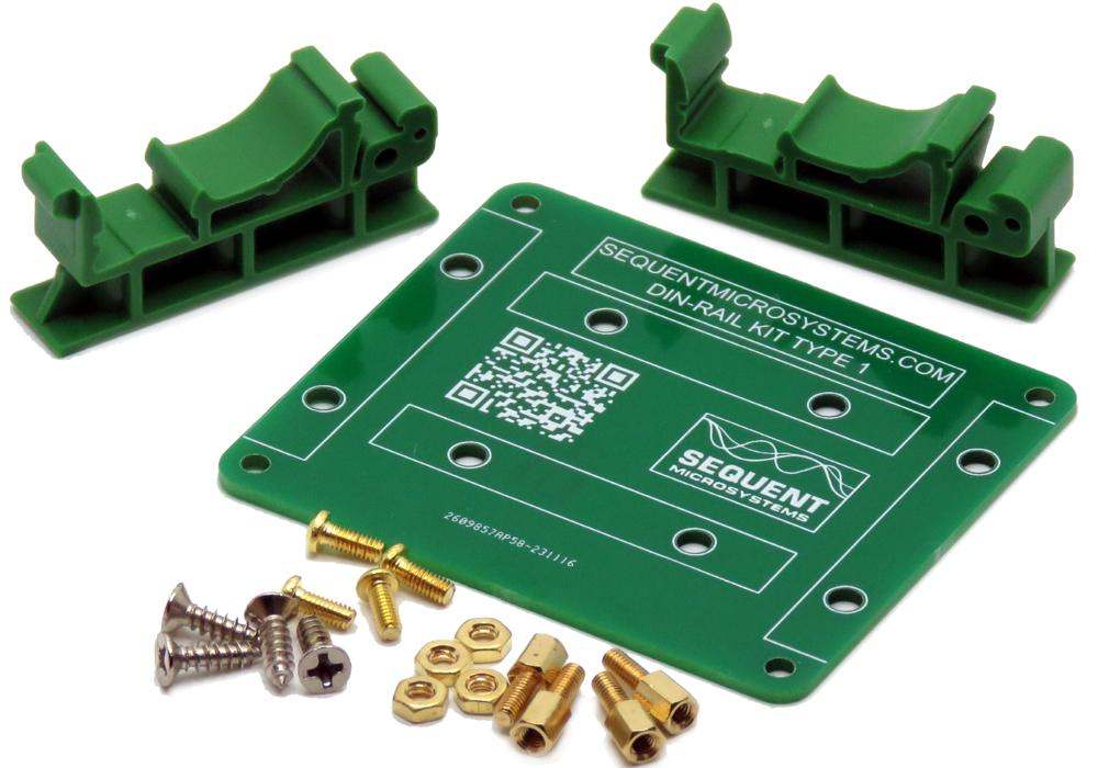 Green PCB adapter plate with mounting holes, two green plastic DIN-RAIL brackets, screws, and nuts for Raspberry Pi DIN-RAIL Kit Type 1 parallel mount.
